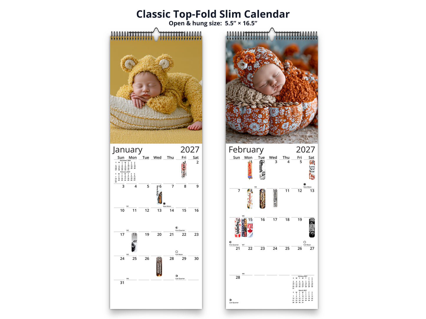 Newborn Baby 2027 wall calendar classic top-fold slim calendar pages