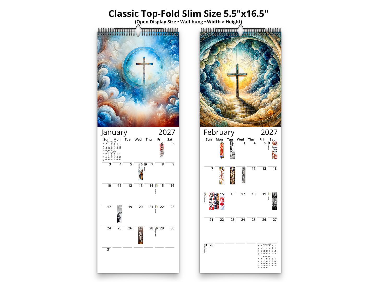 Radiant Cross 2027 wall calendar classic top-fold slim calendar pages