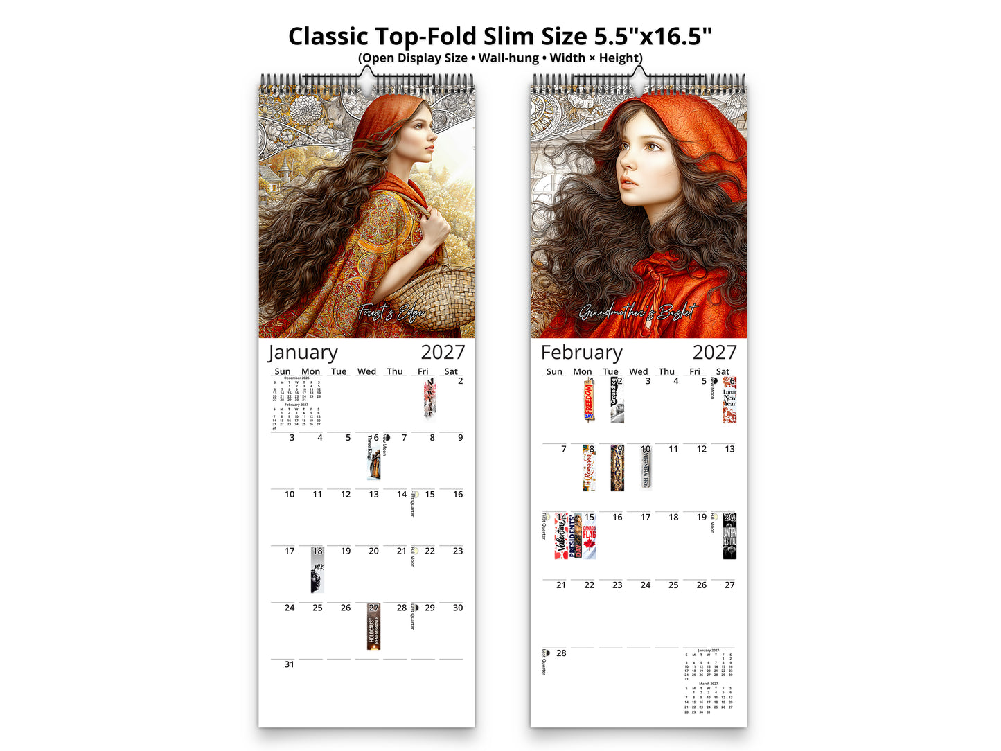 2027 Red Riding Hood Wall Calendar by Kaleidoscope Artisan – Enchanted Journey with Holidays