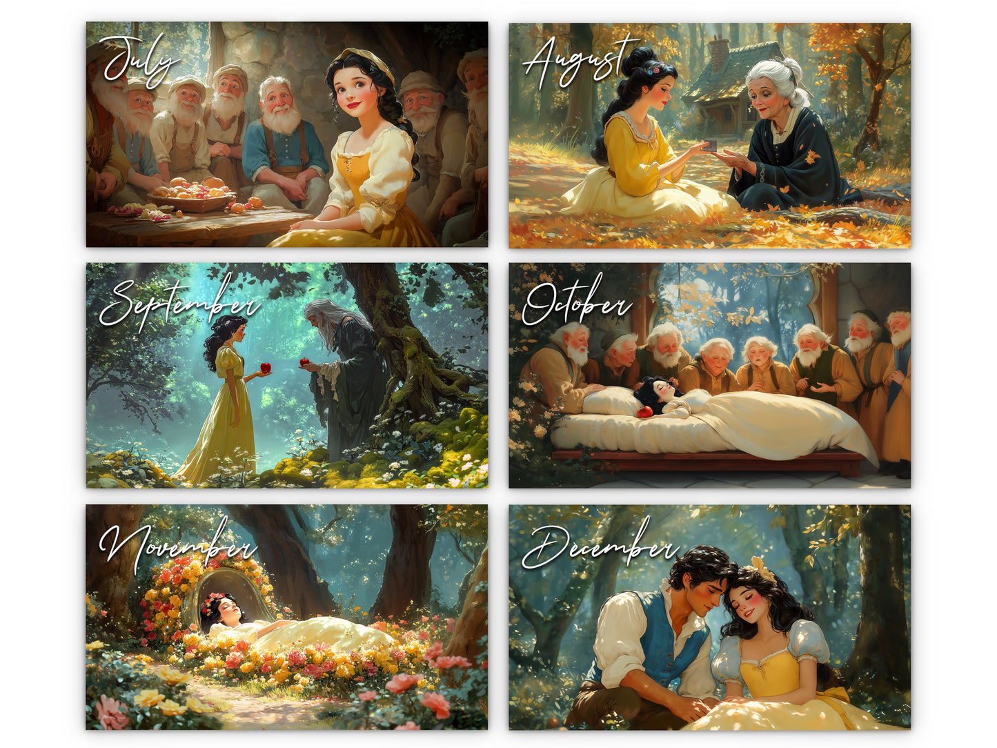 2026 Snow White Wall Calendar by Kaleidoscope Artisan – Enchanted Fairytale with Holidays