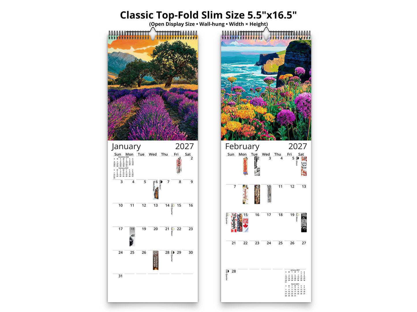 Spring Flowers 2027 wall calendar classic top-fold slim calendar pages