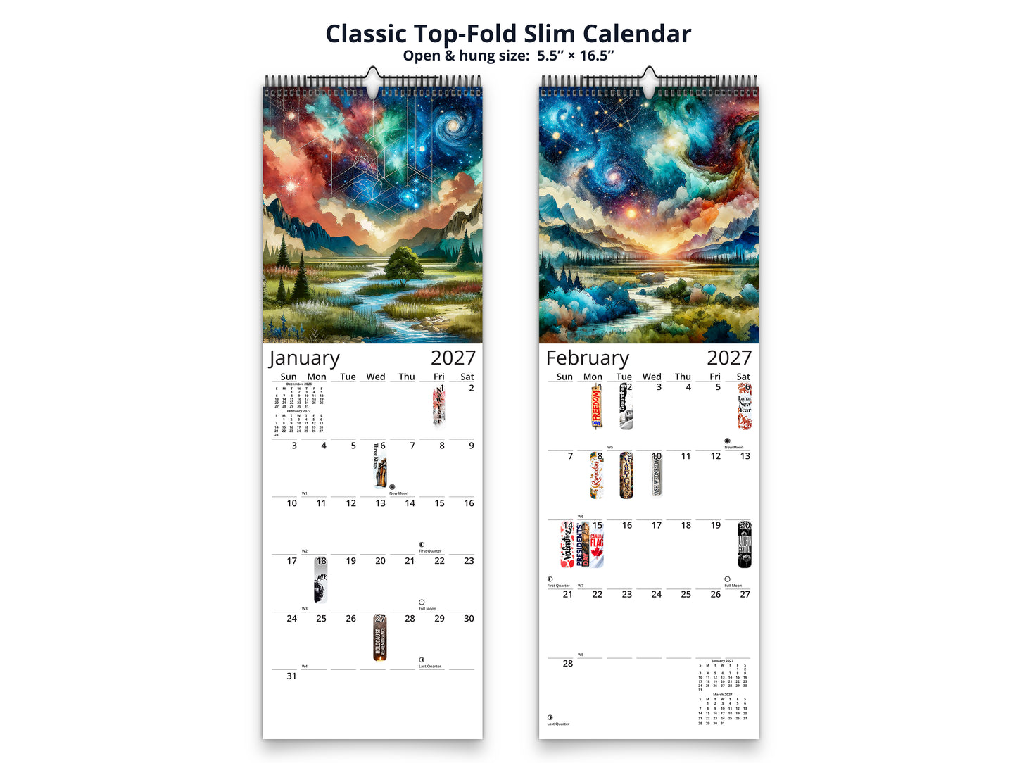 Watercolor Horizons 2027 wall calendar classic top-fold slim calendar pages