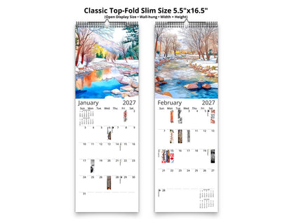 Two wall calendars showing January and February 2027 with scenic designs on a white background.