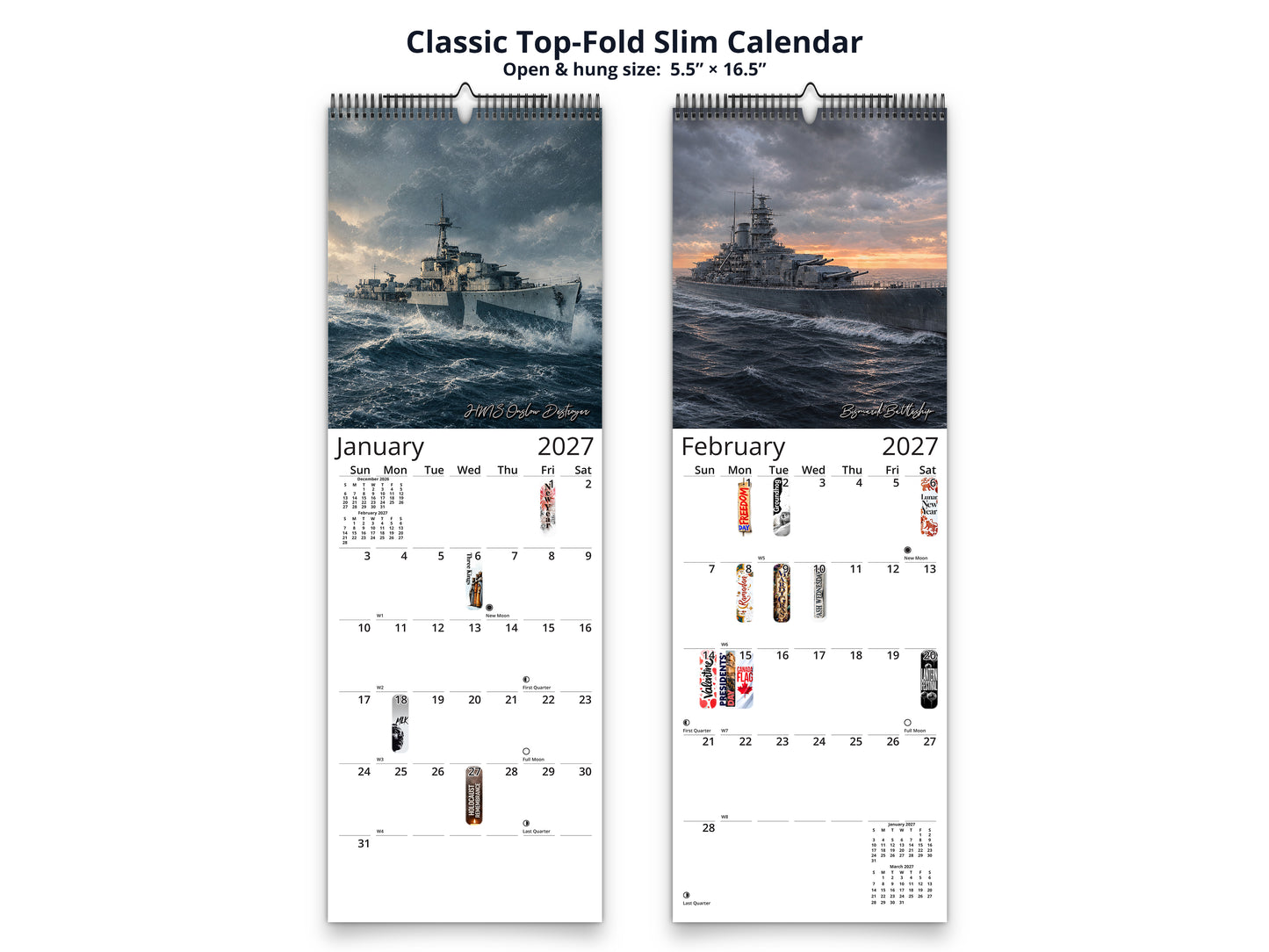 WWII Ships of Valor 2027 wall calendar classic top-fold slim calendar pages