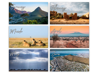 Africa Vistas by Kaleidoscope Artisan - Wildlife and Landscapes with Holidays 2027 wall calendar monthly artwork preview January through June
