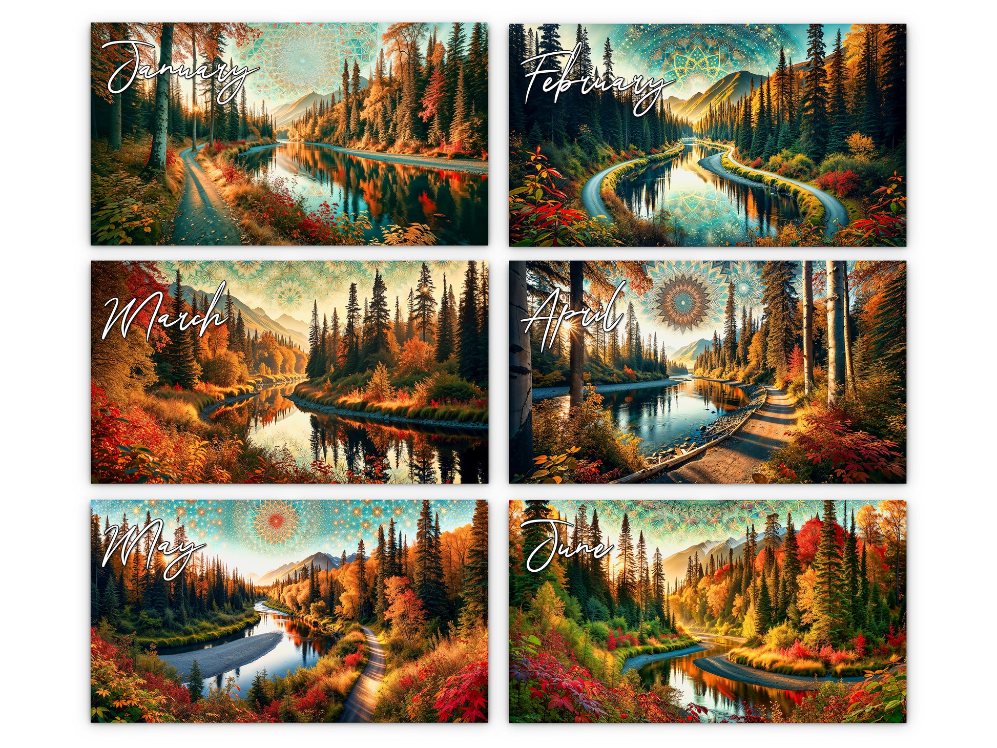 Alaska's Autumn 2027 wall calendar monthly artwork preview January through June