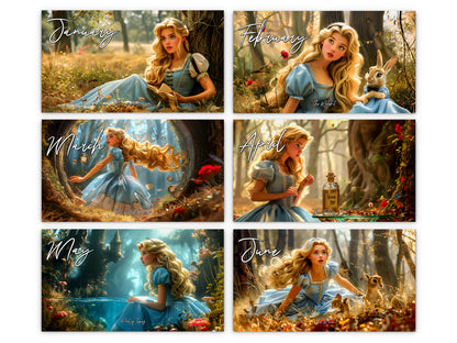 Alice in Wonderland 2027 wall calendar monthly artwork preview January through June