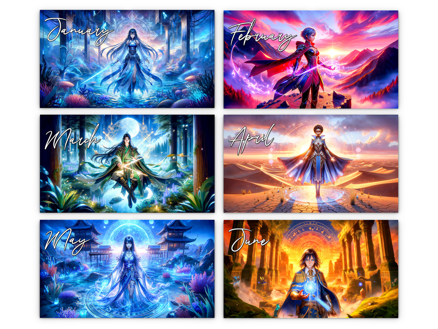 Anime Horizons 2027 wall calendar monthly artwork preview January through June