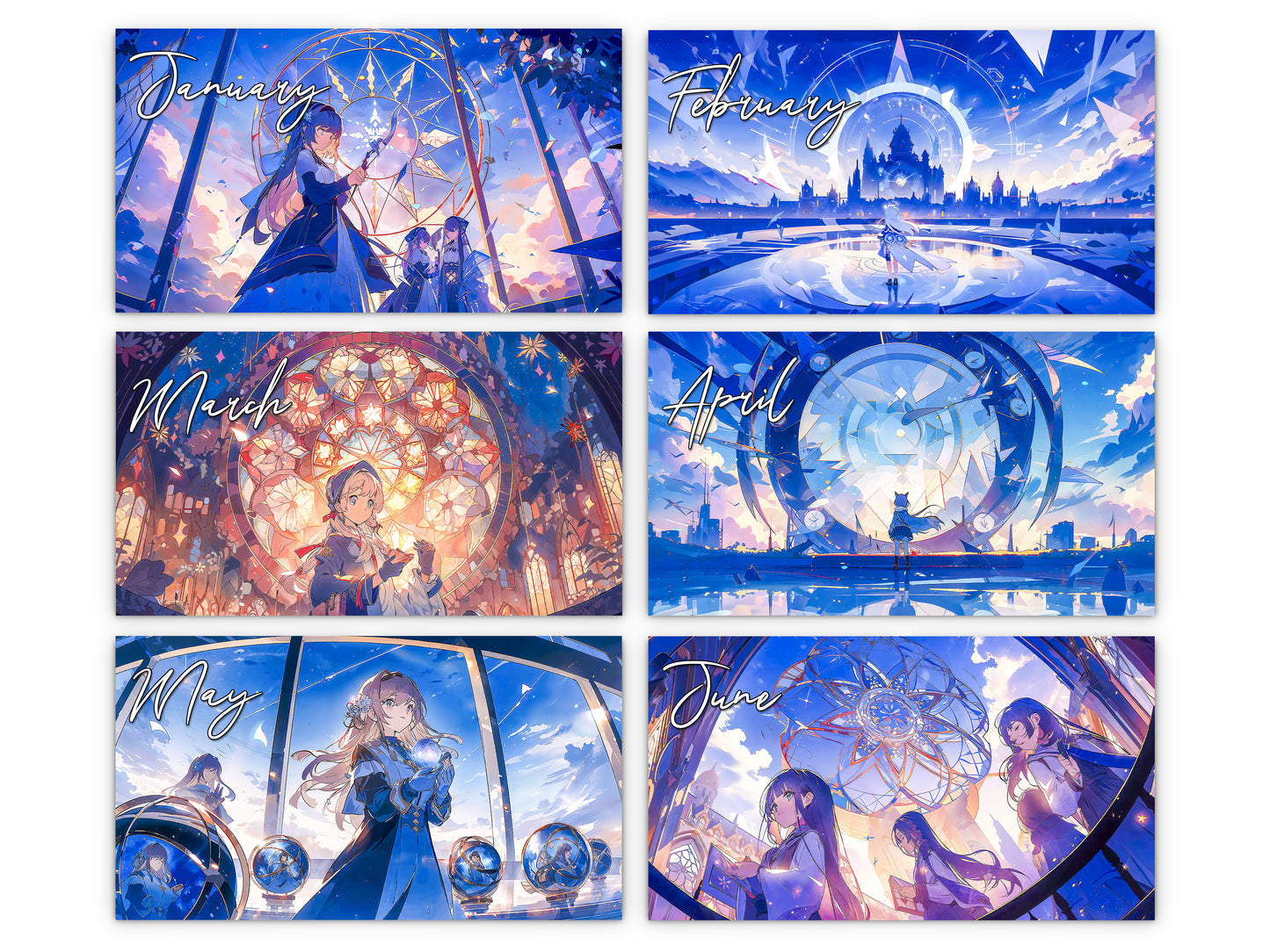 Anime Illuminated Tales 2027 wall calendar monthly artwork preview January through June