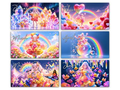 Anime Rainbow 2027 wall calendar monthly artwork preview January through June