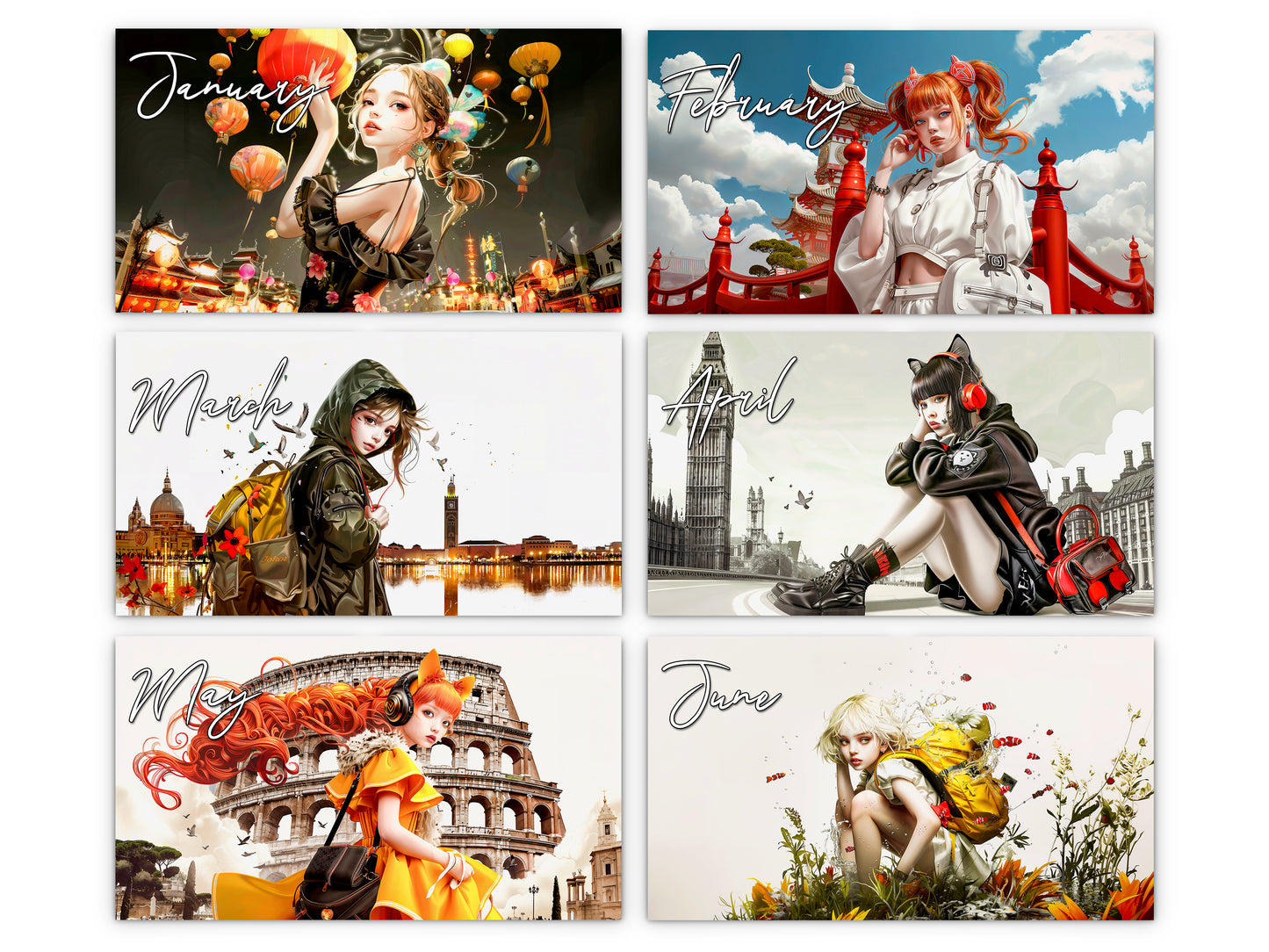 Anime Tourist 2027 wall calendar monthly artwork preview January through June