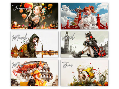 Anime Tourist 2027 wall calendar monthly artwork preview January through June