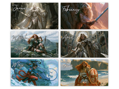 Anime Warrioress by Kaleidoscope Artisan - Mythic Guardians with Holidays 2027 wall calendar monthly artwork preview January through June