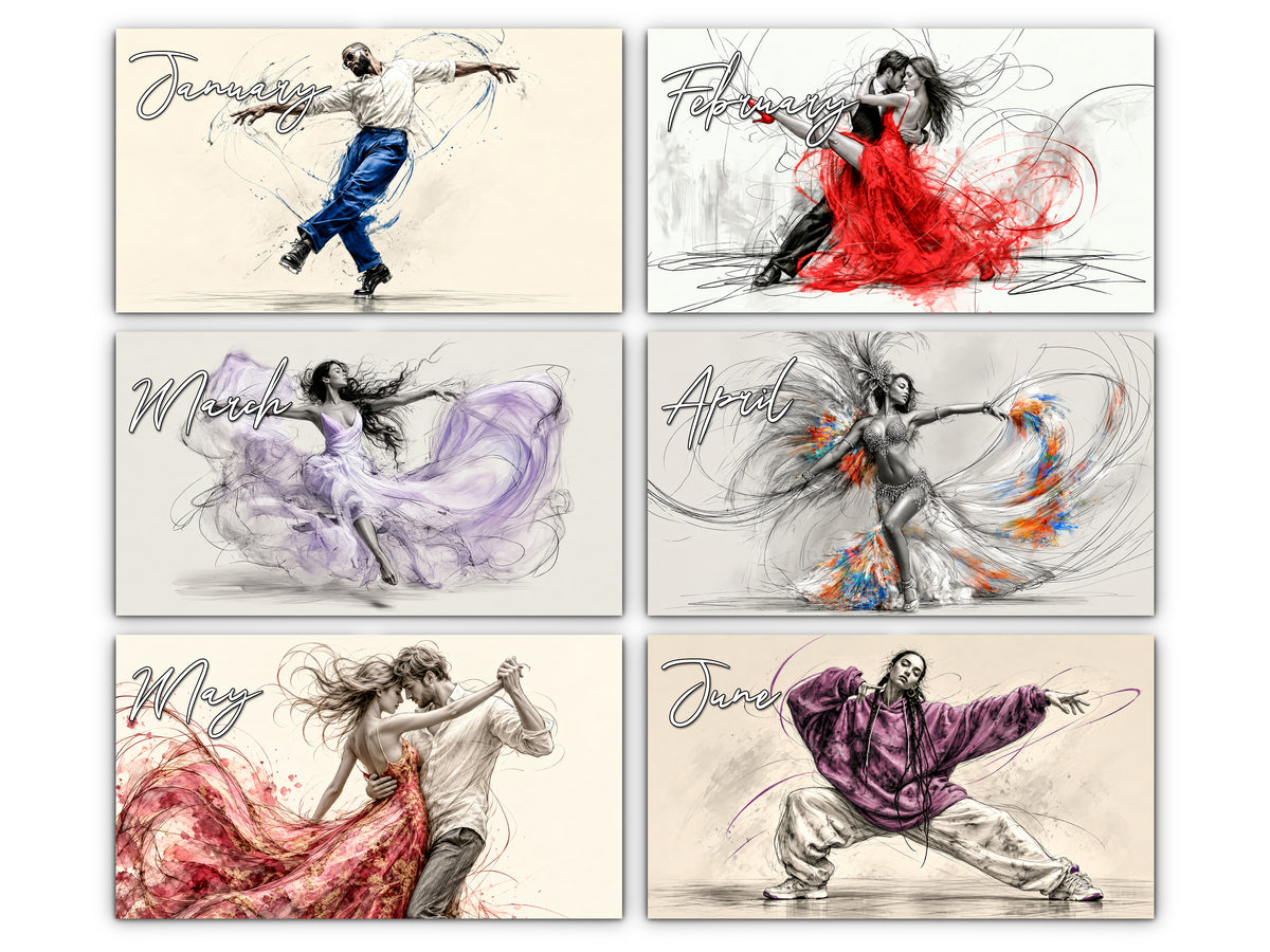 Art of Dance 2027 wall calendar monthly artwork preview January through June