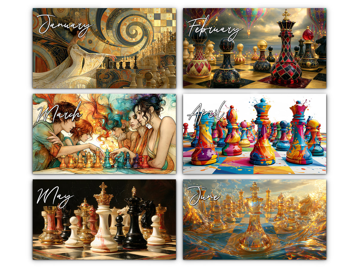 Artistic Chess 2027 wall calendar monthly artwork preview January through June