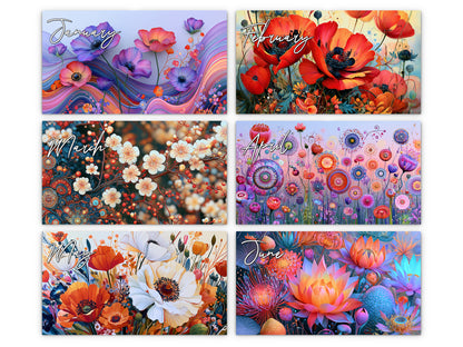 Artistic Flowers 2027 wall calendar monthly artwork preview January through June