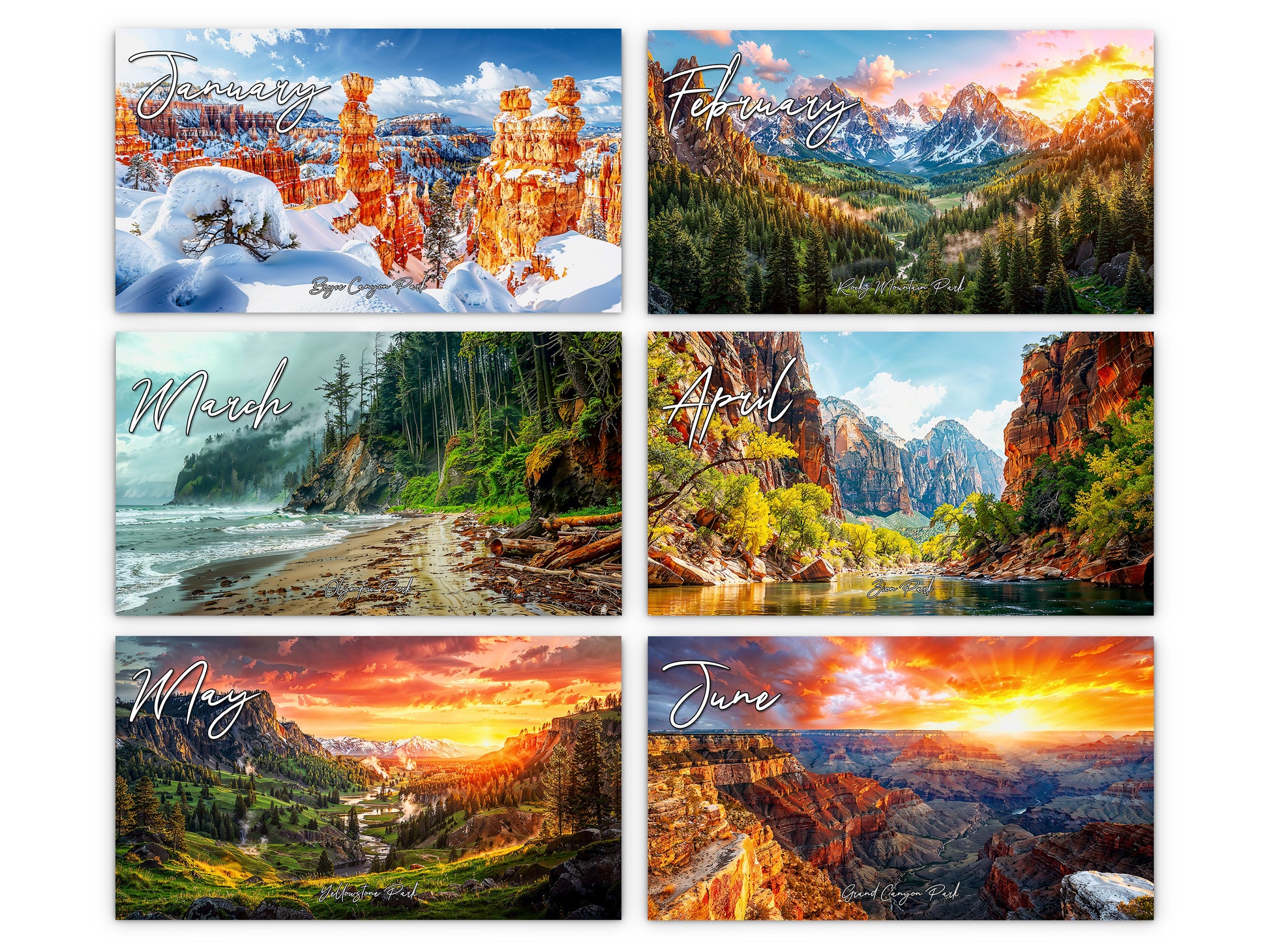Artistic National Parks 2027 wall calendar monthly artwork preview January through June