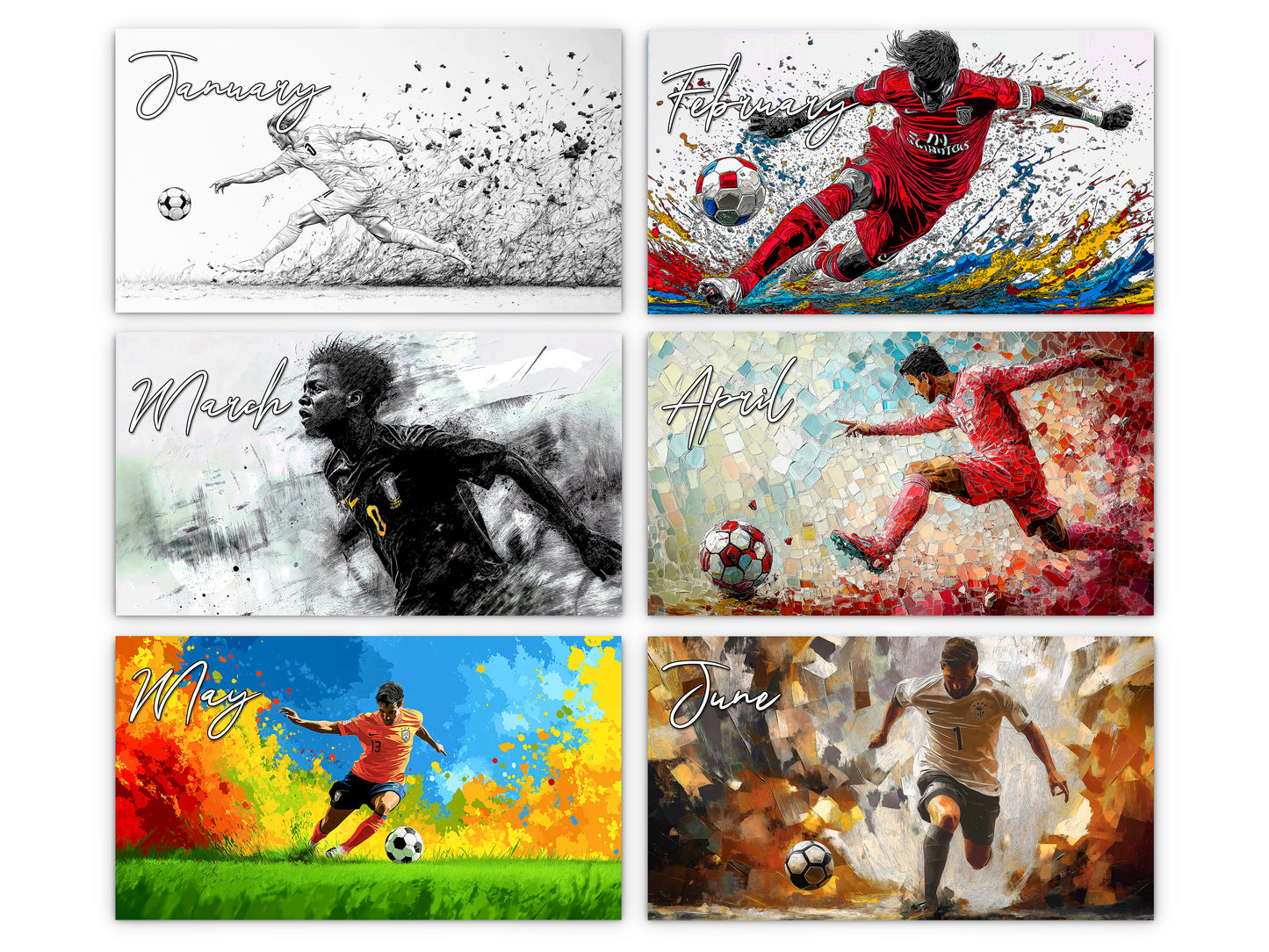 Artistic Soccer 2027 wall calendar monthly artwork preview January through June