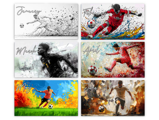 Artistic Soccer 2027 wall calendar monthly artwork preview January through June