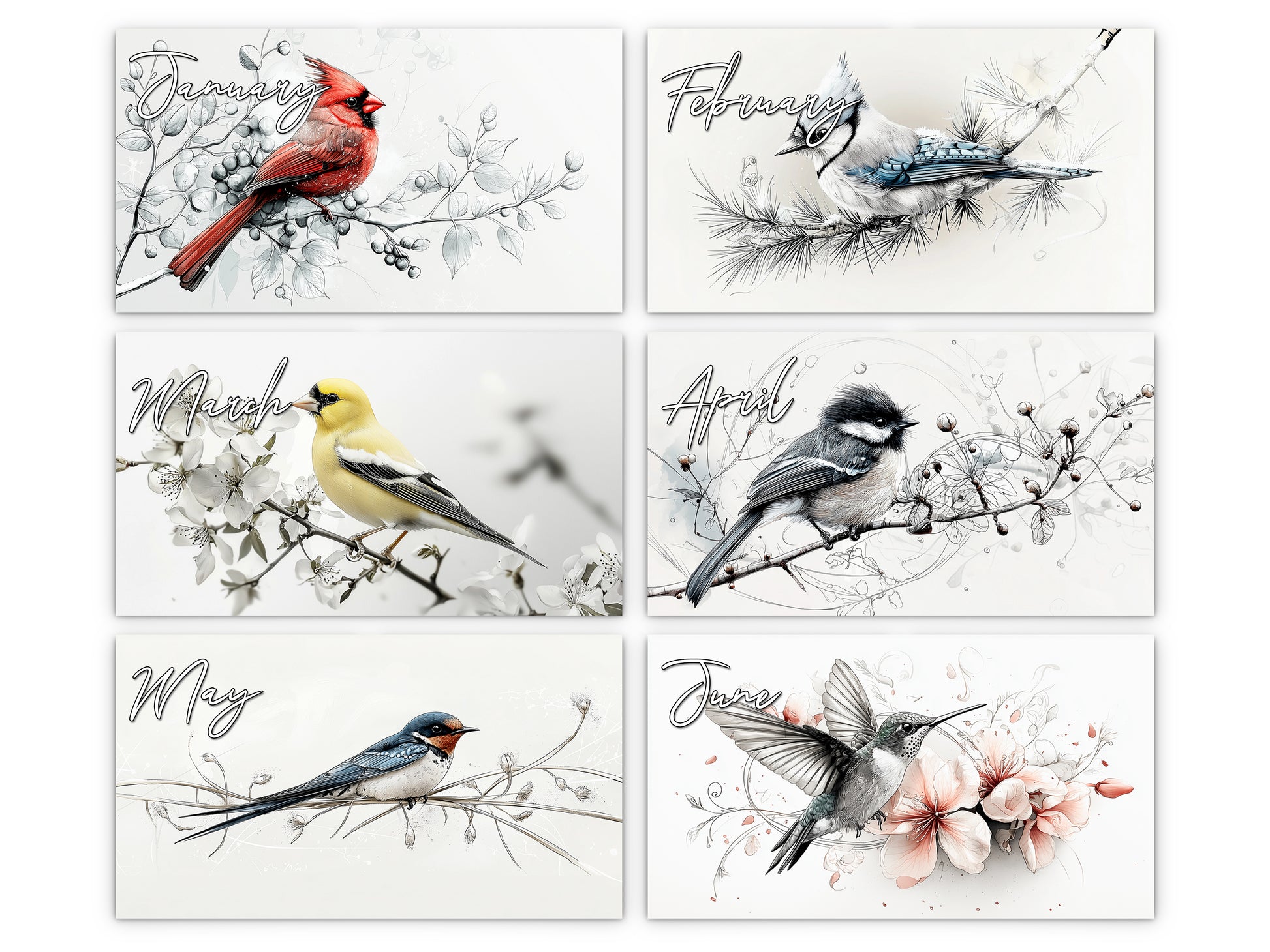 Avian Sketches 2027 wall calendar monthly artwork preview January through June