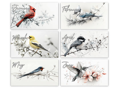 Avian Sketches 2027 wall calendar monthly artwork preview January through June