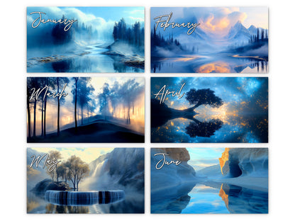 Blue Vistas 2027 wall calendar monthly artwork preview January through June