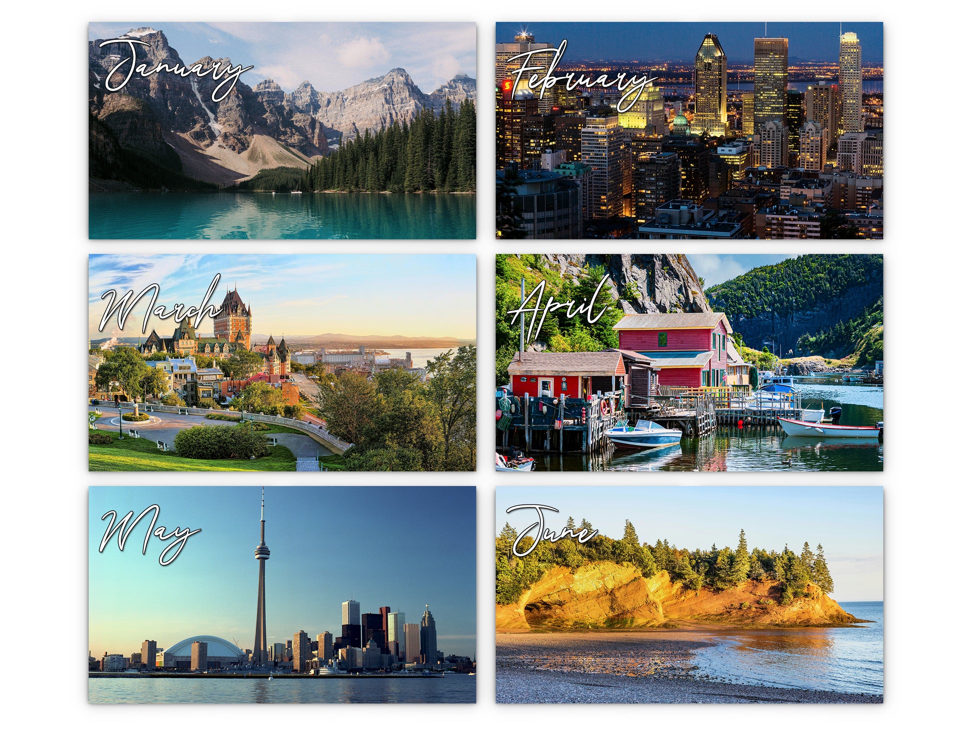 Canada Vistas by Kaleidoscope Artisan - Cities and Landscapes with Holidays 2027 wall calendar monthly artwork preview January through June