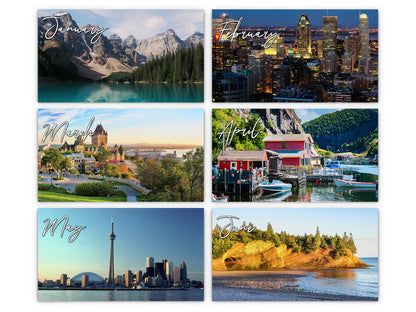 Canada Vistas by Kaleidoscope Artisan - Cities and Landscapes with Holidays 2027 wall calendar monthly artwork preview January through June