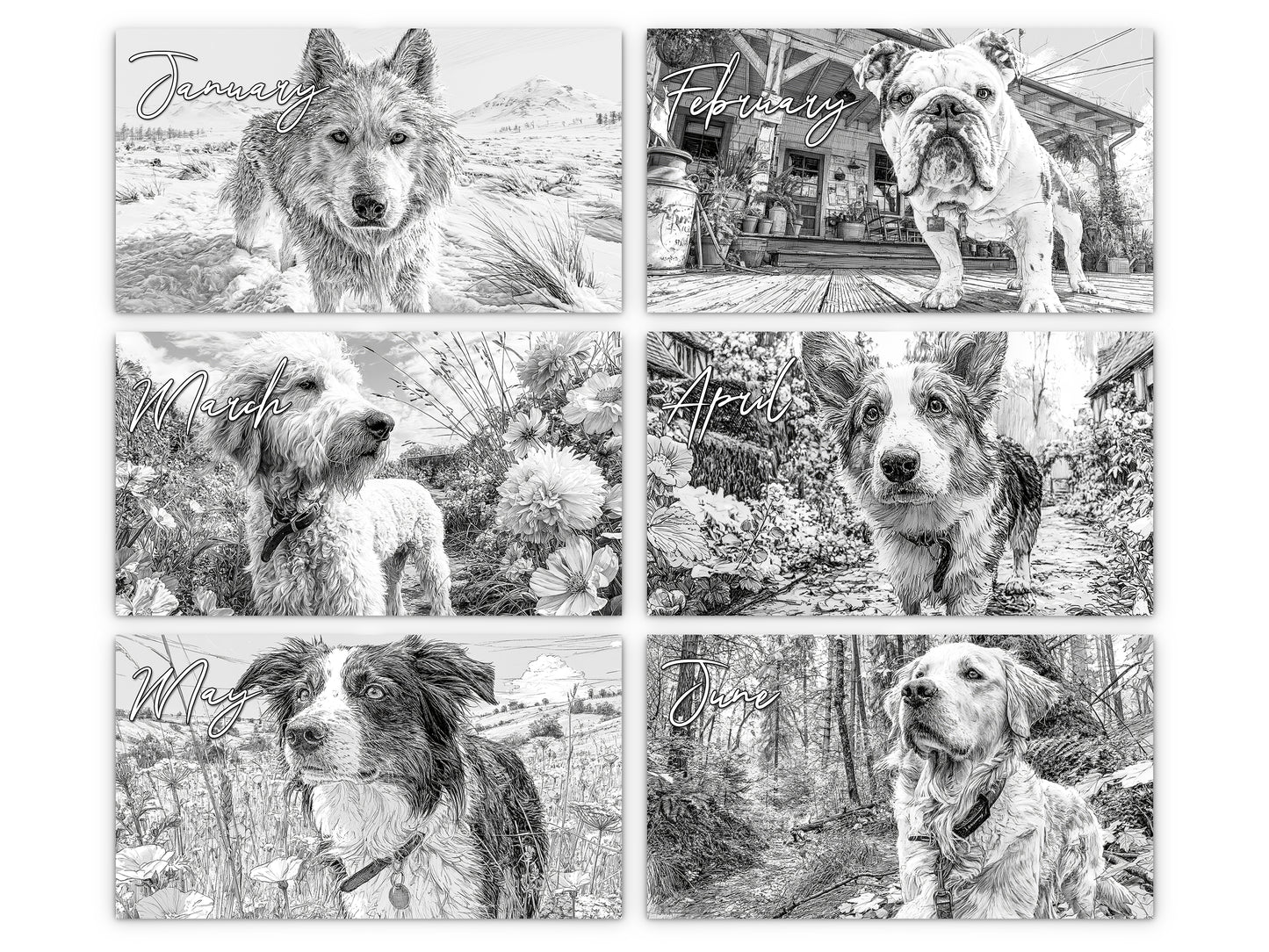 Dog Lover Sketches 2027 wall calendar monthly artwork preview January through June