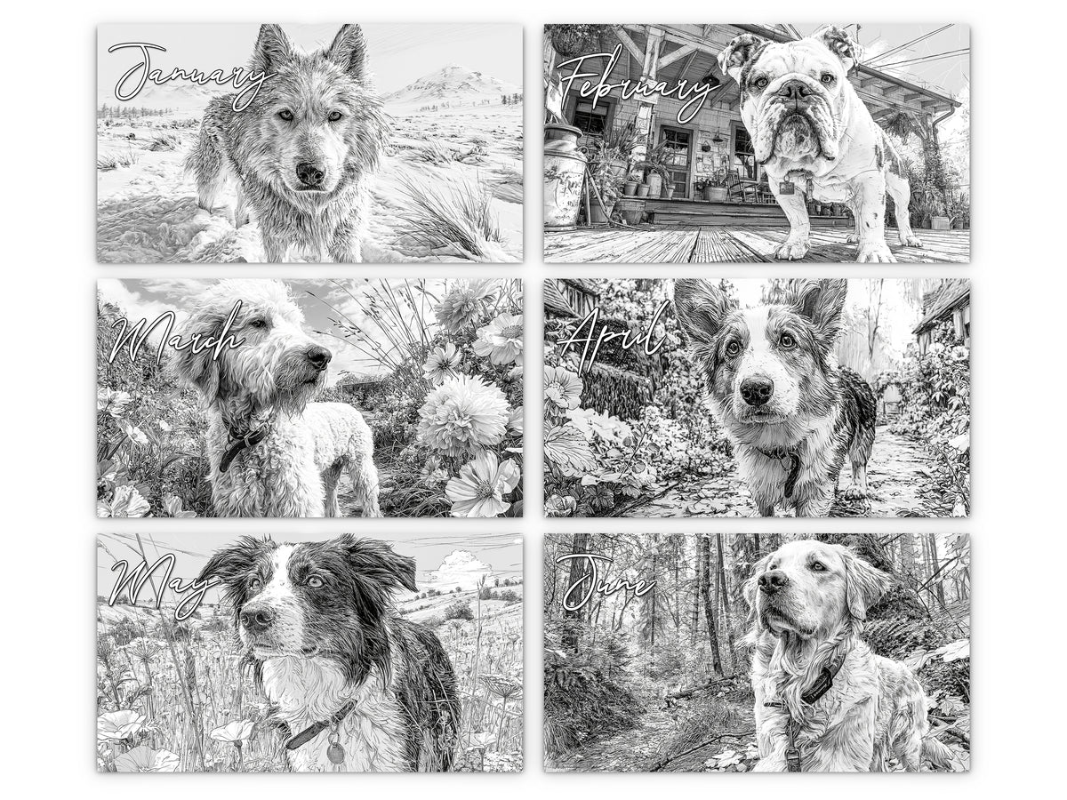 Dog Lover Sketches 2027 wall calendar monthly artwork preview January through June