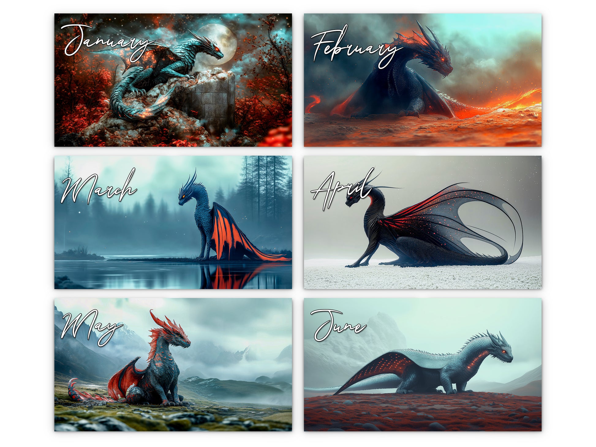 Dragon Dark 2027 wall calendar monthly artwork preview January through June