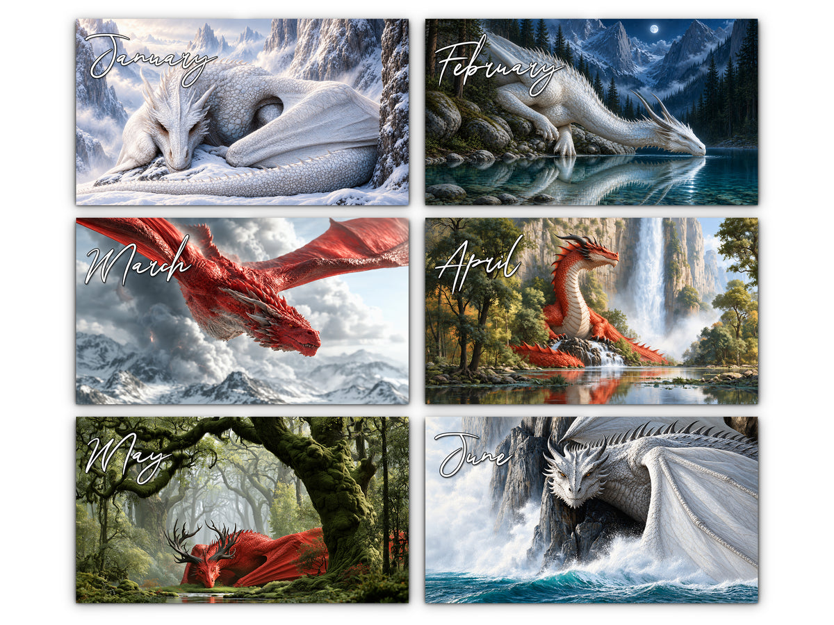 January through June dragon artwork: snow, moonlit lake, red dragon in flight, waterfalls, woodland, and sea cliffs.
