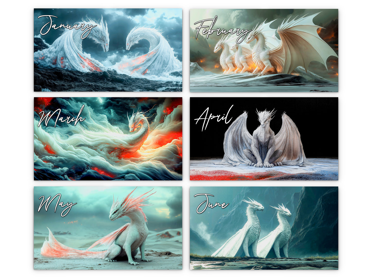 Dragon Light 2027 wall calendar monthly artwork preview January through June