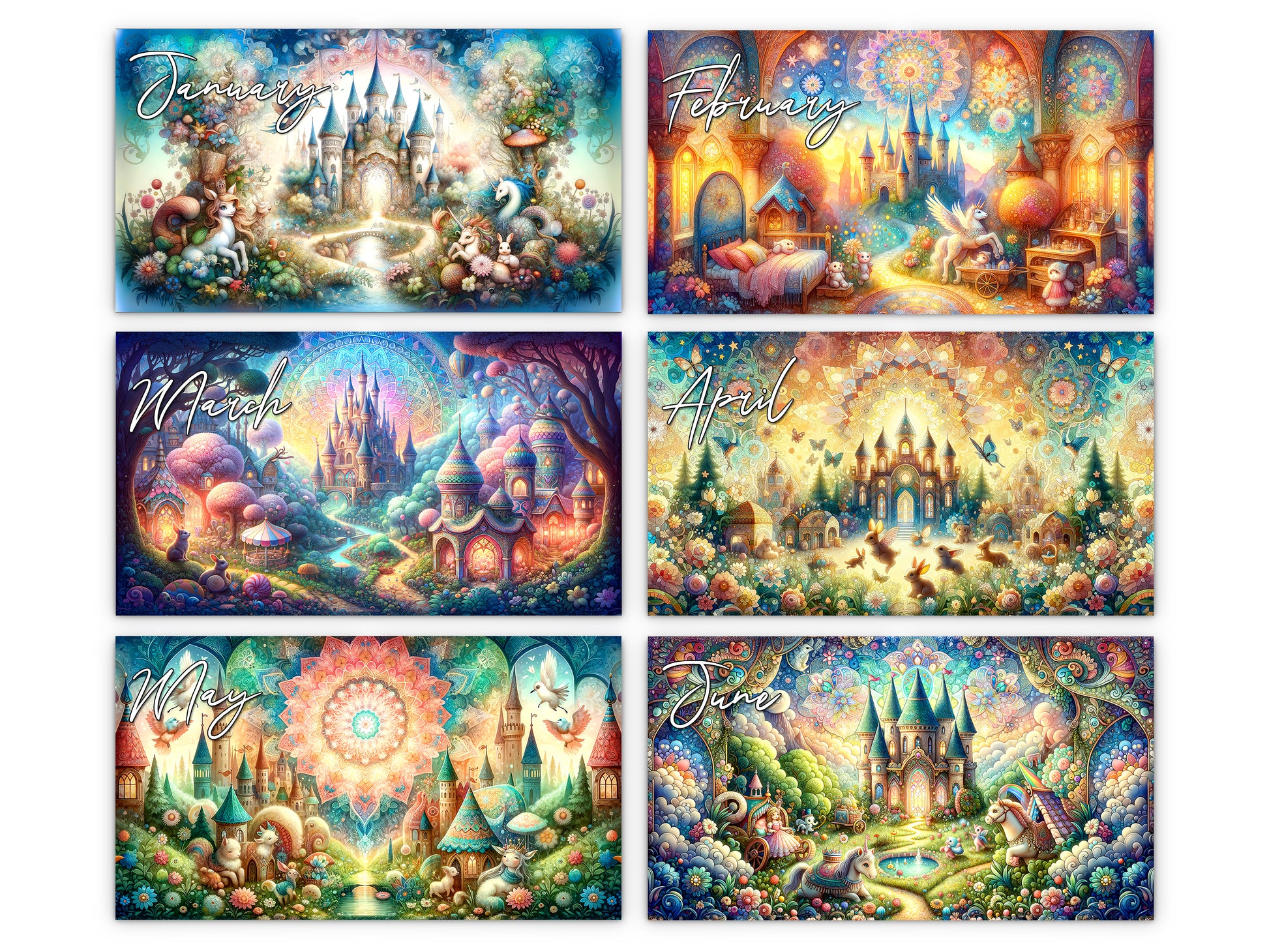 Enchanted 2027 wall calendar monthly artwork preview January through June