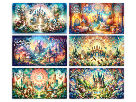 Enchanted 2027 wall calendar monthly artwork preview January through June