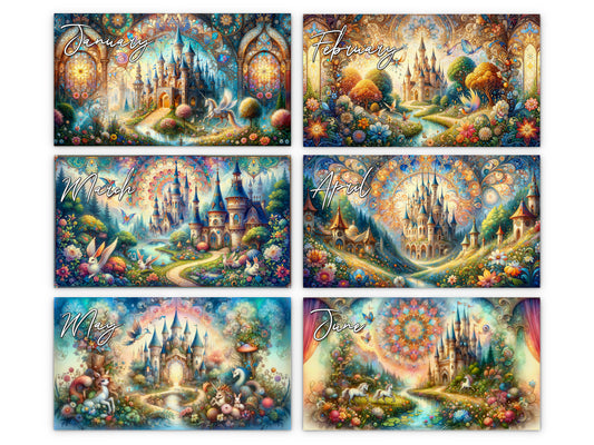 Enchanted Moments 2027 wall calendar monthly artwork preview January through June