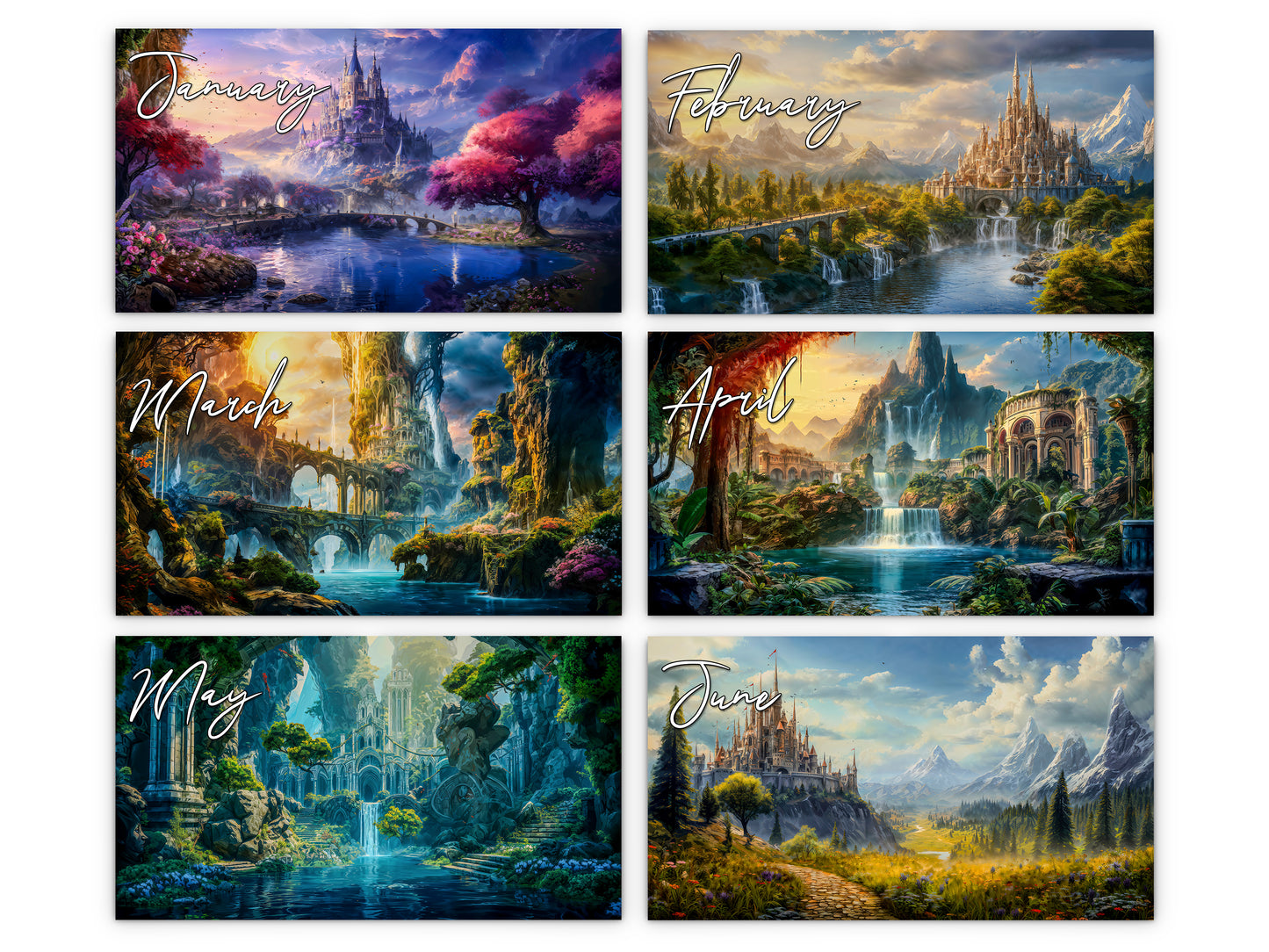 Enchanted Realms 2027 wall calendar monthly artwork preview January through June