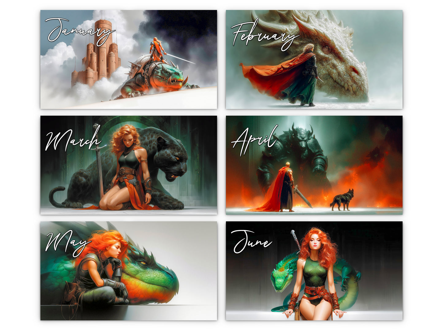 Epic Fantasy 2027 wall calendar monthly artwork preview January through June