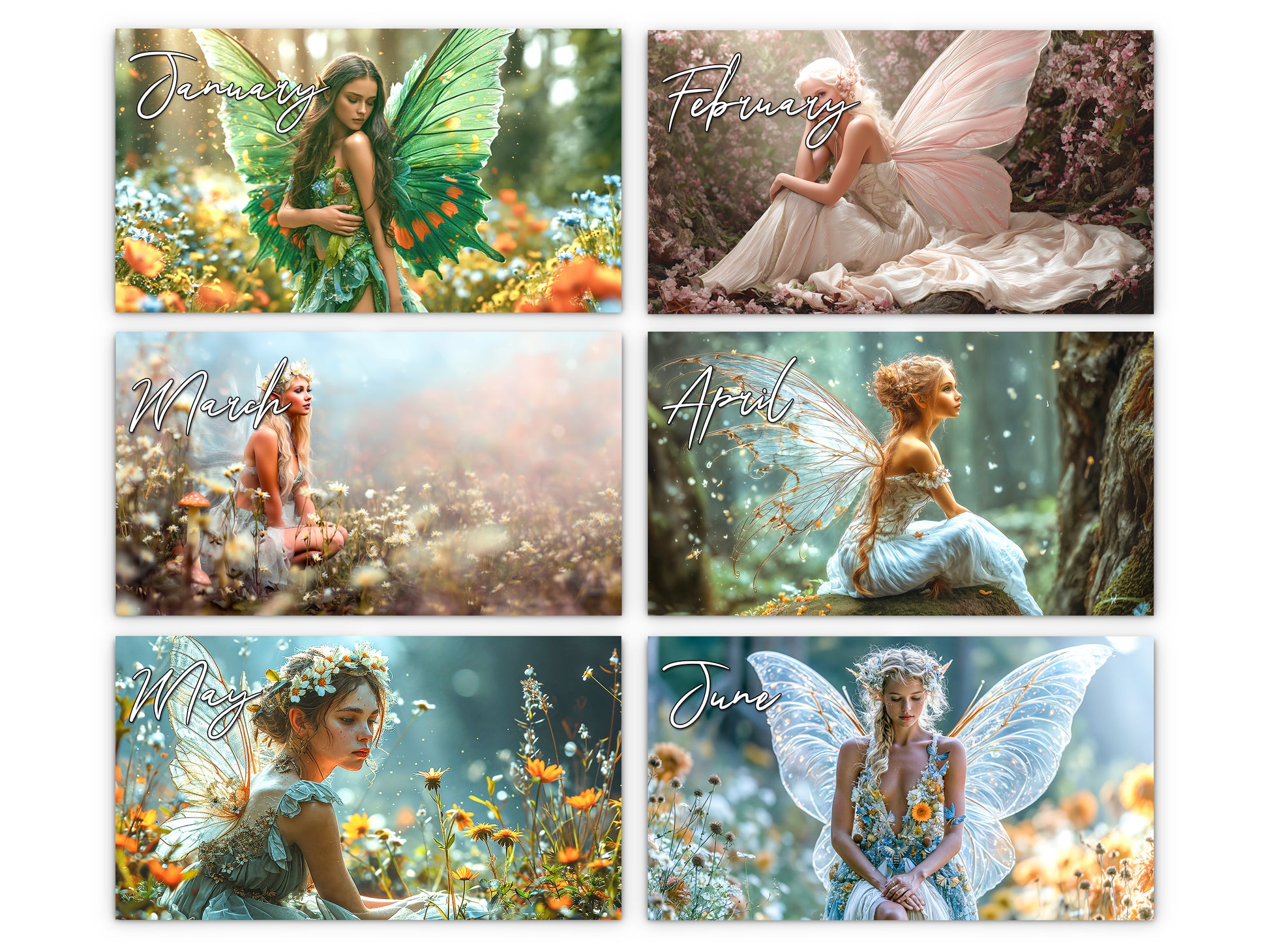Fairy 2027 wall calendar monthly artwork preview January through June