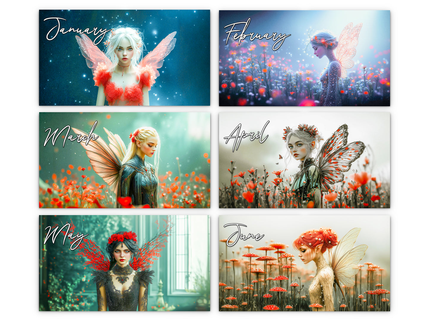 Fairy Dream 2027 wall calendar monthly artwork preview January through June