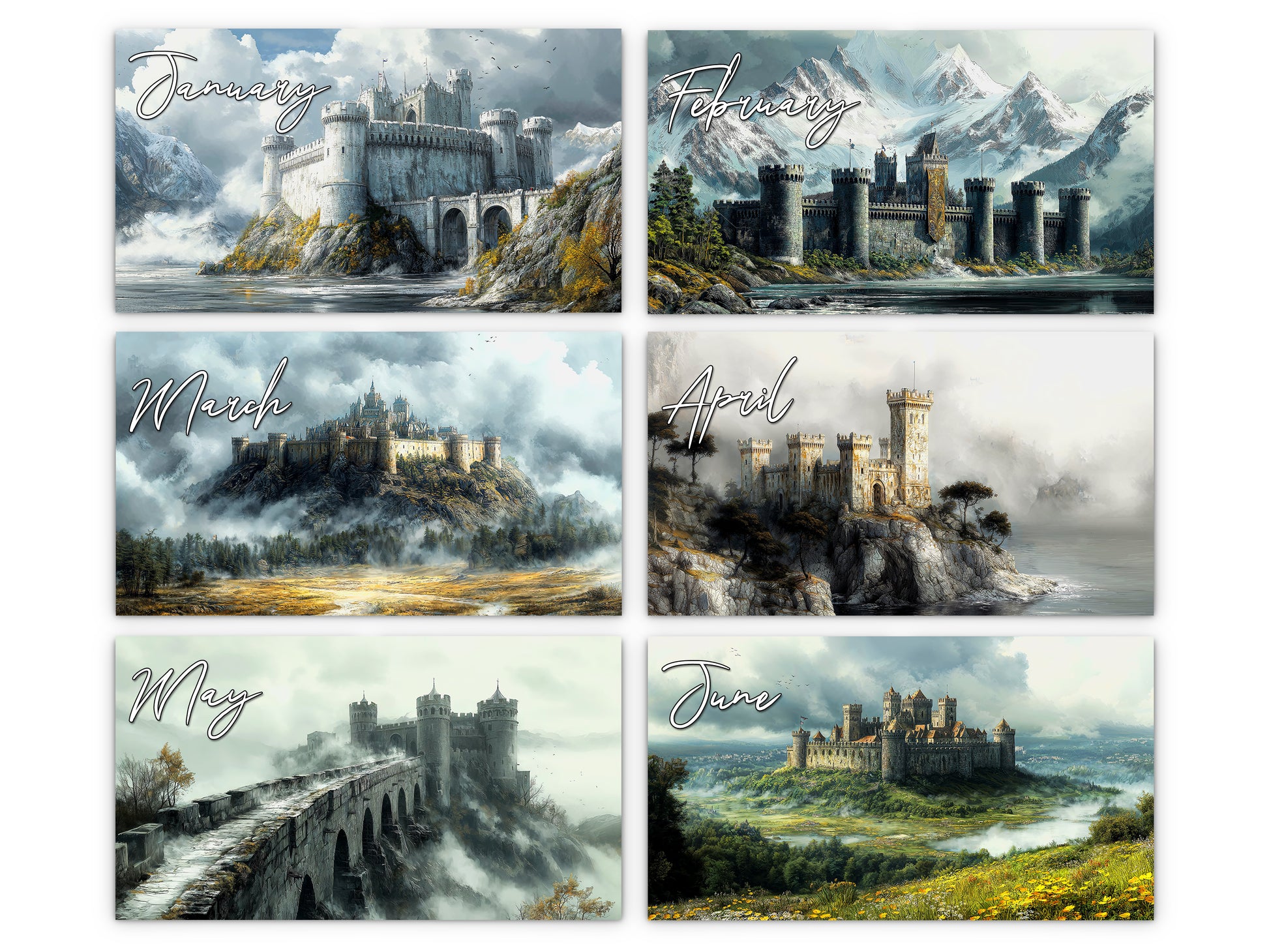 Fantasy Castle 2027 wall calendar monthly artwork preview January through June