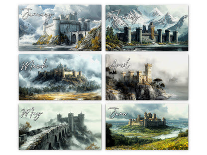 Fantasy Castle 2027 wall calendar monthly artwork preview January through June