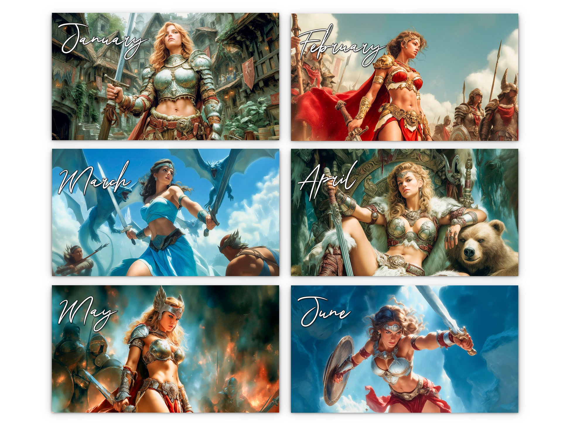 Fantasy Warrioress 2027 wall calendar monthly artwork preview January through June