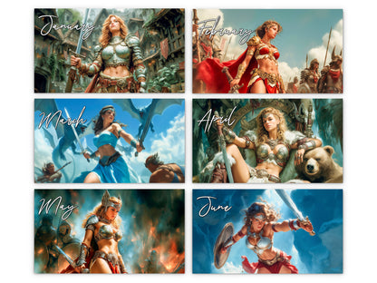 Fantasy Warrioress 2027 wall calendar monthly artwork preview January through June