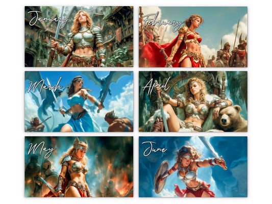 Fantasy Warrioress 2027 wall calendar monthly artwork preview January through June