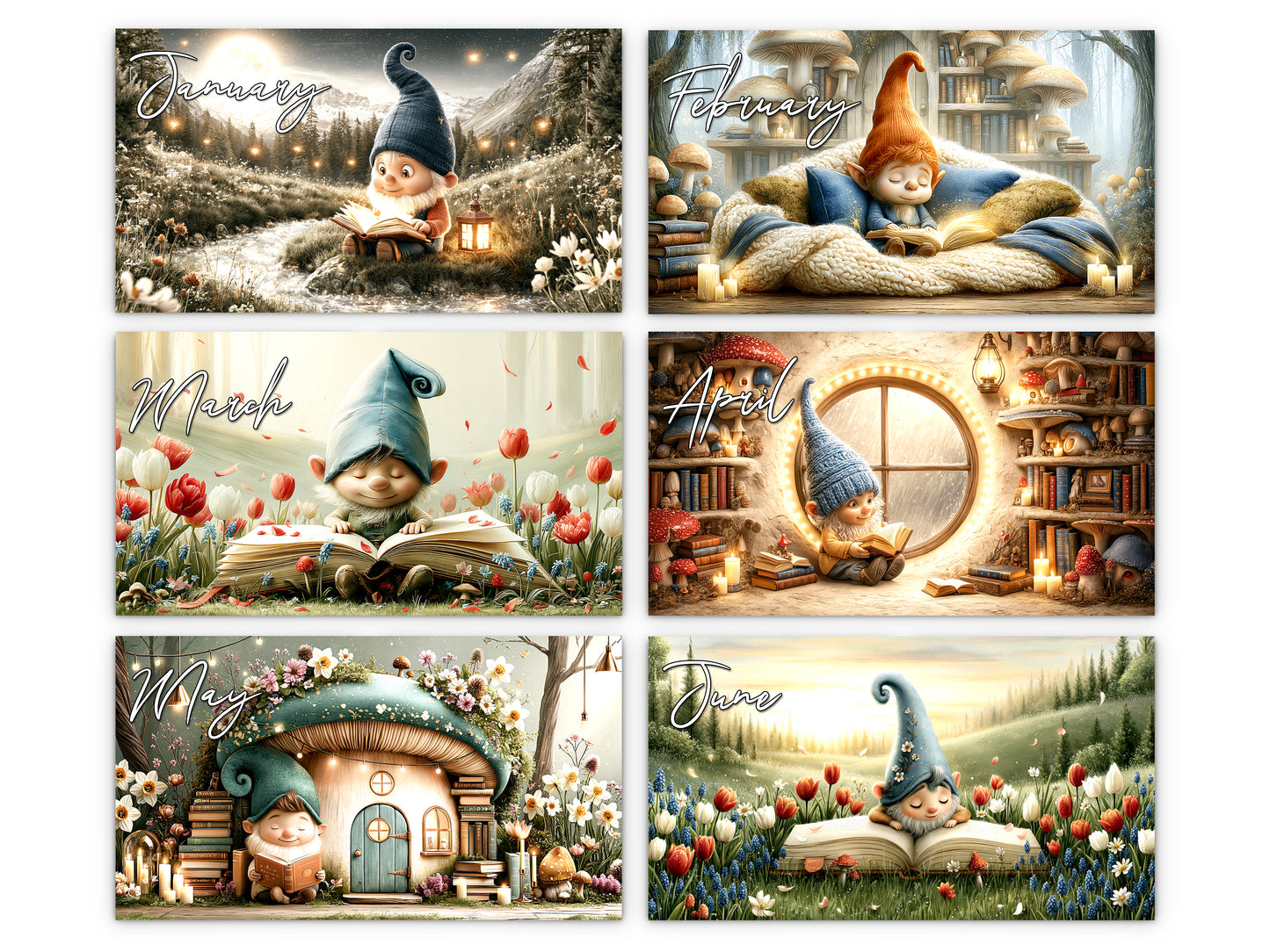 Gnome Book Club 2027 wall calendar monthly artwork preview January through June