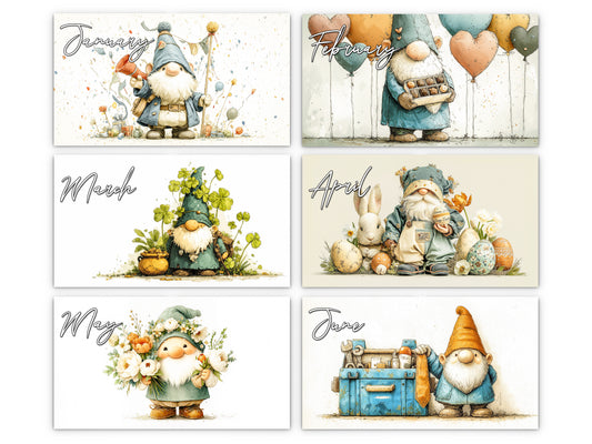 Set of six calendar cards featuring gnomes for each month of the year.
