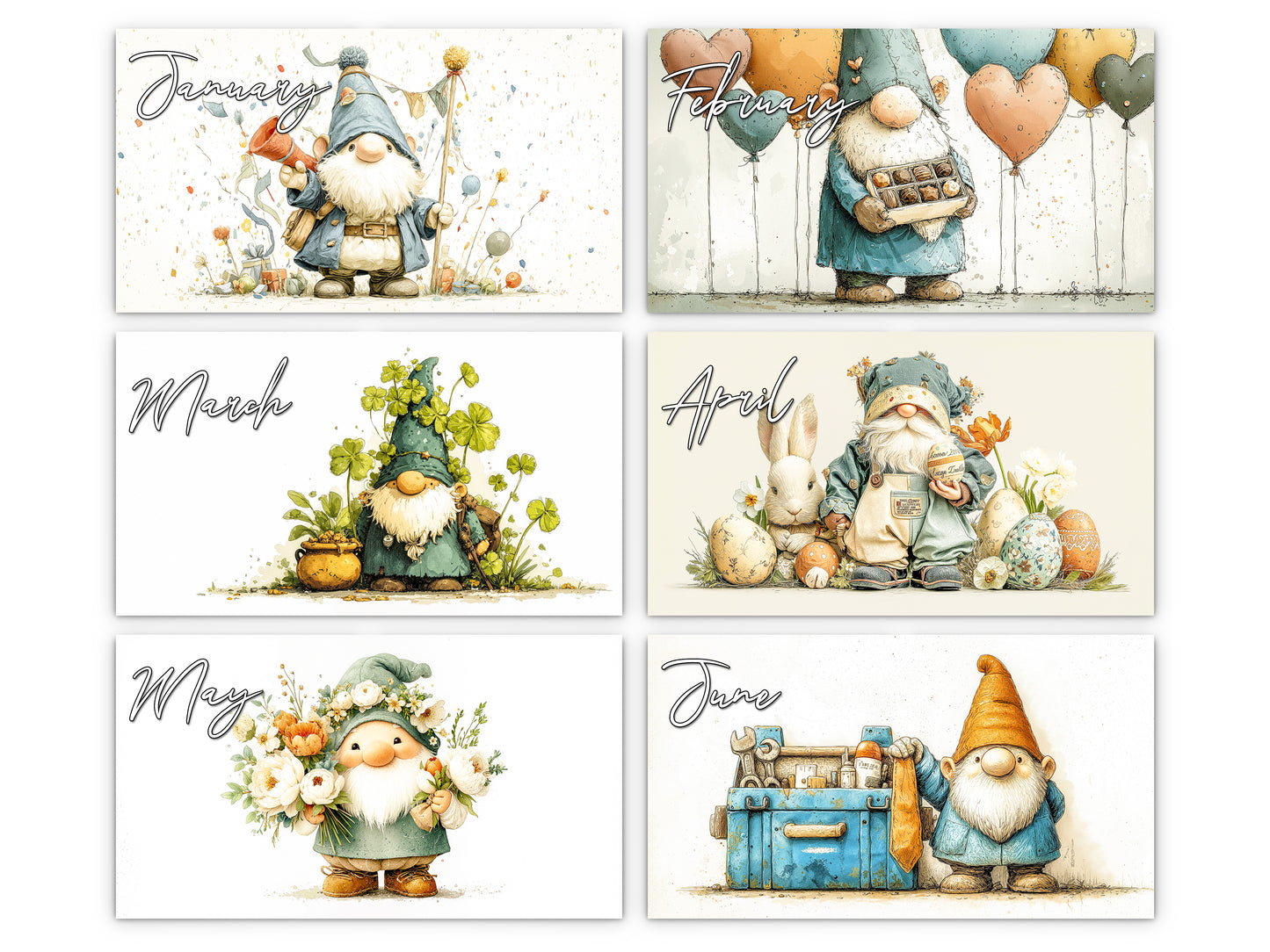 Gnome Holidays 2027 wall calendar monthly artwork preview January through June