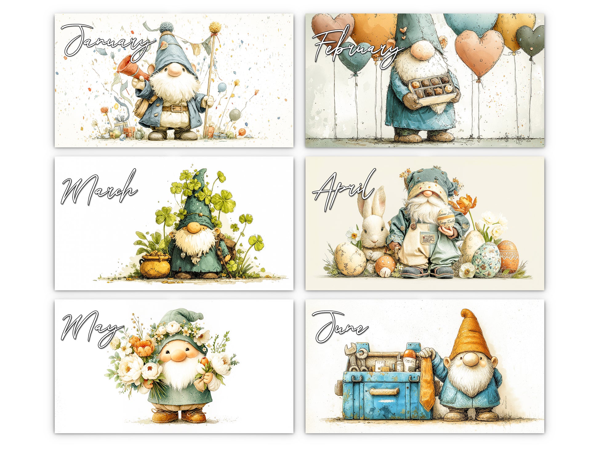 Gnome Holidays 2027 wall calendar monthly artwork preview January through June