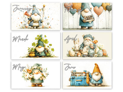 Gnome Holidays 2027 wall calendar monthly artwork preview January through June
